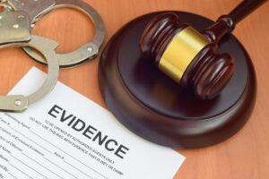 Justice mallet and evidence report blank document for crime scene investigation with police handcuffs